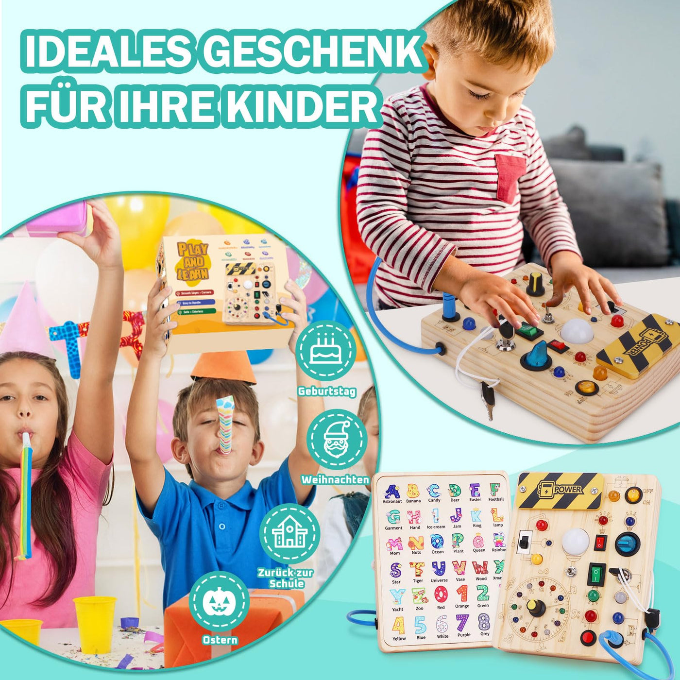 Busy Board Montessori Spielzeug ab 1 jahr Activity Board Holzspielzeug Mit 10 Schaltern und 23 LED Lichtern Sensorik Spielzeug Motorikspielzeug für Babys und Kinder ab 1 2 3 4 Jahre Jungen und Mädchen