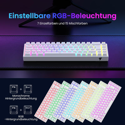 TECURS Gaming Tastatur - RGB Mechanische Tastatur Kabellos Bluetooth/2.4G/Mit Kabel, 65% QWERTZ Gamer Tastatur mit Rote Schalter für PC/Laptop/PS4/PS5, Weiß
