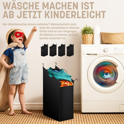 KESSER® Wäschekorb Wäschesammler Wäschesortierer mit 4 abnehmbaren Stofftaschen | 4 Fächer x 35 Liter | Wäschebox mit 12 Waschhinweisen 360° Rollen mit Bremse Wäsche-Sortiersystem Wäschewagen Schwarz