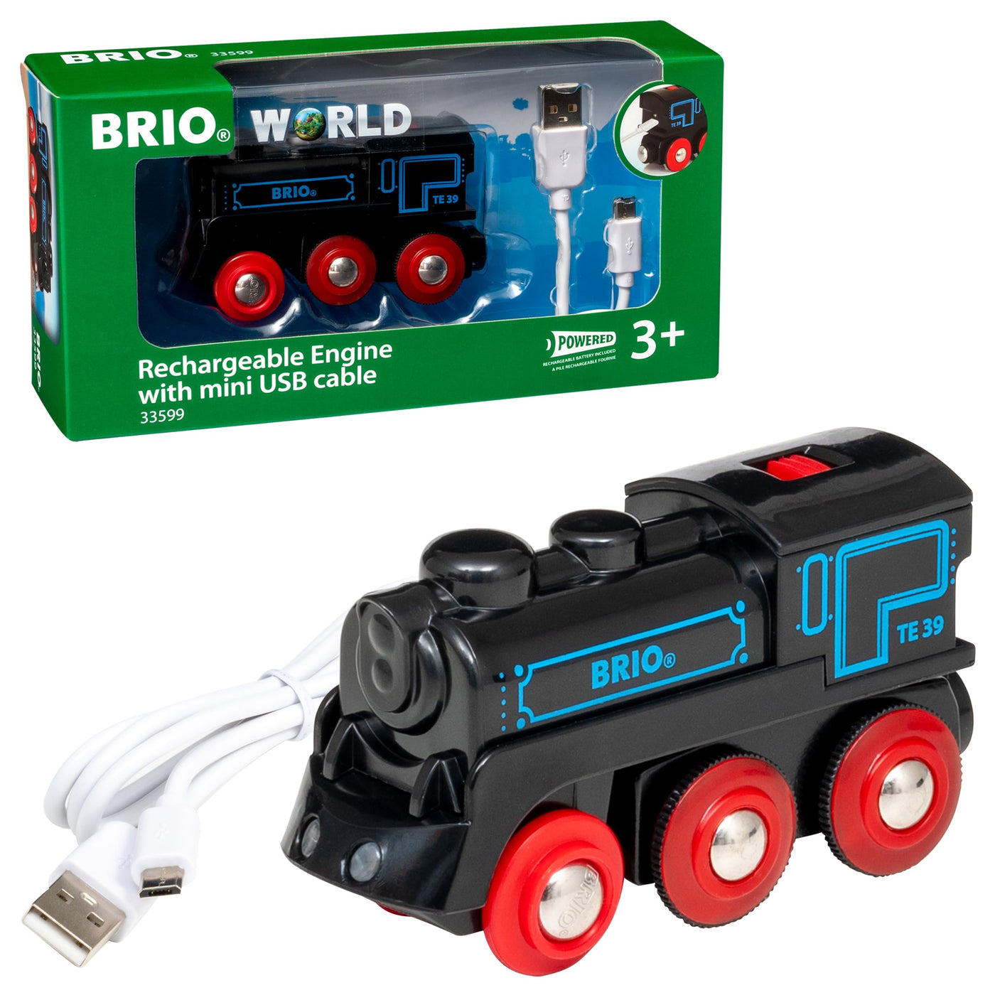 BRIO World - 33599 Akku Lok mit Mini USB - Wiederaufladbare Lokomotive - Batteriebetriebener Spielzeugzug für Kinder ab 3 Jahren
