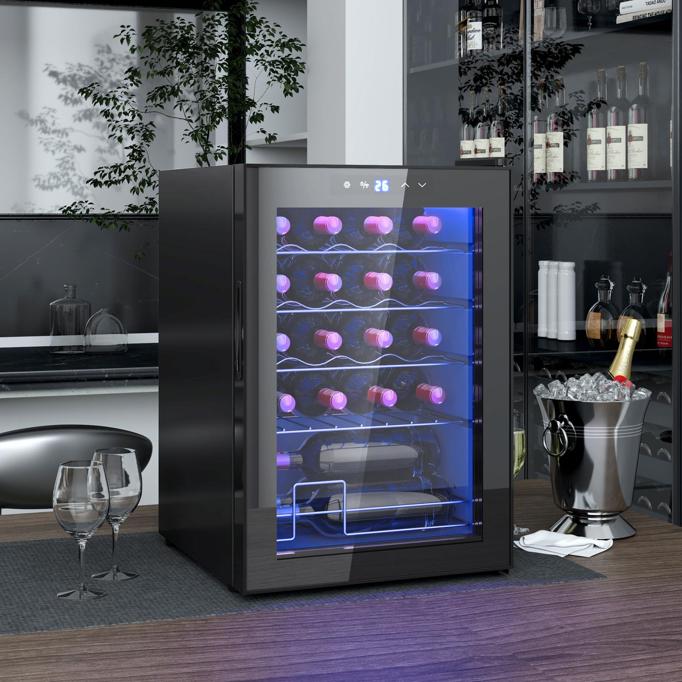 HOMCOM Weinkühlschrank 20 Flaschen 53L 5-18℃ Kompressor Getränkekühlschrank mit Anti-UV Glastür, Flaschenkühlschrank mit LED-Leuchte, Kleiner Weinschrank mit Touch-Screen Schwarz