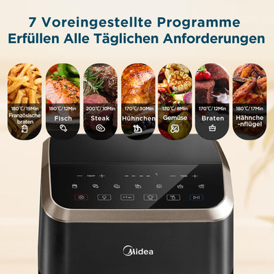 Midea Heißluftfritteuse 5L Fassungsvermögen, HeatXpress Technologie 90% weniger Öl, Energie- und Zeitersparnis mit 7 Voreinstellungen, Easy-View Fenster & Licht, Antihaft, Schwarz