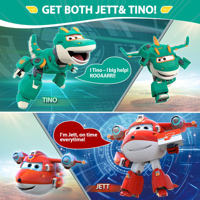 Super Wings 5" Transforming Characters 2-Pack Transforming Supercharged Jett + Tino, Transformer Spielzeug für 3+ Jahre Alten Jungen Mädchen, Rot
