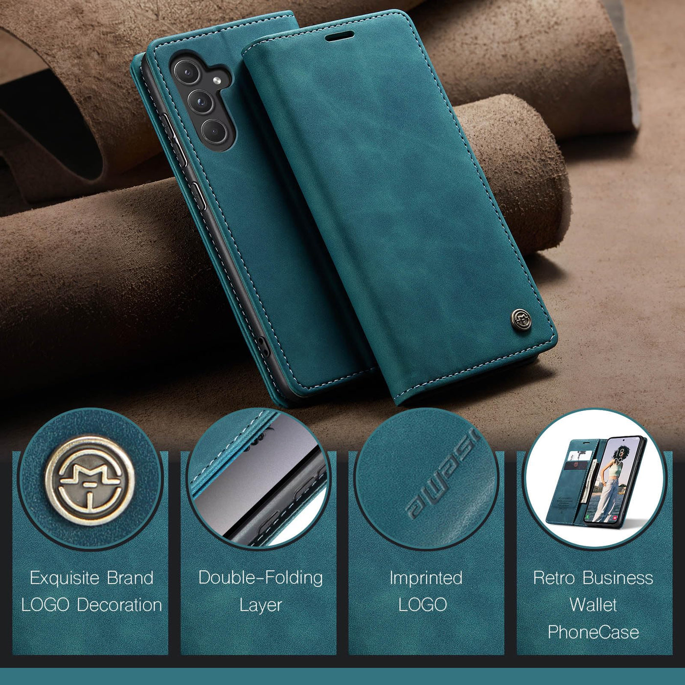 KZB Handyhülle für Samsung Galaxy A55 5G Hülle Premium Lederhülle Klappbar Flip Case Tasche Magnet Kartenfach Standfunktion Klapphülle Schutzhülle für Samsung Galaxy A55 - Blaugrün