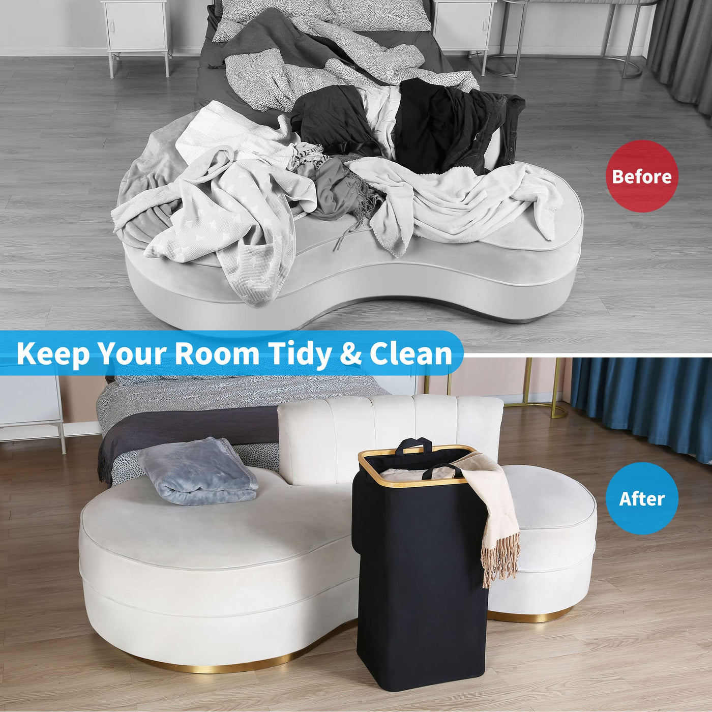 efluky Wäschekorb mit Deckel, 100 Liter hoher Wäschebox mit Bambus Henkel und Innentasche, faltbarer groß XXL Waschekorbsammler, Laundry Baskets für Schlafzimmer Badezimmer, schwarz