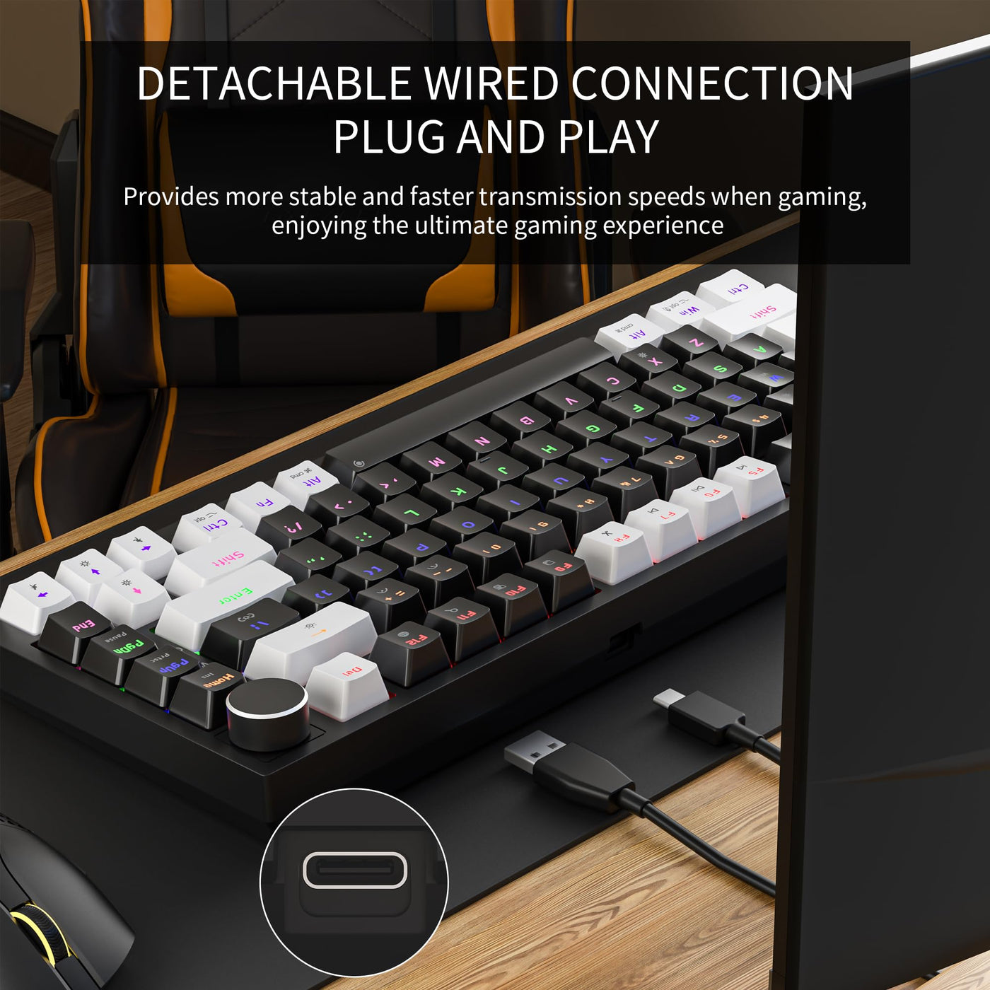 Newmen GM326 Mechanische Tastatur mit Kabel,Gaming Tastatur 75% Prozent,TKL Hot Swap LED Beleuchtung USB C Mini Mechanische Tastatur mit Knopf,für PC/Win/Mac,QWERTY Layout,Weiß/Schwarz,Rote Schalter