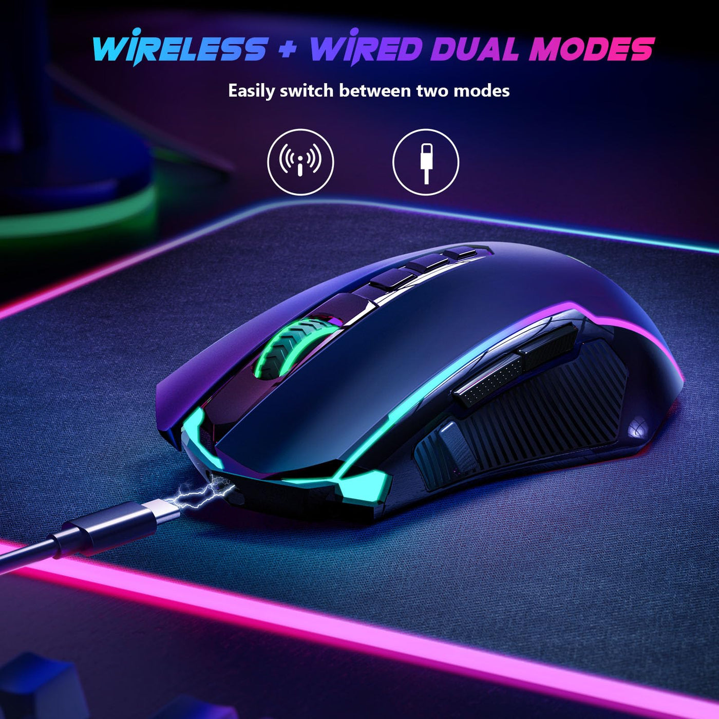 Redragon Gaming Maus Kabellose, RGB Wiederaufladbare Gaming-Maus mit 9 Macro Editing Programmierbare Tasten/8000 DPI, Ergonomische Wireless Gaming Maus, 70Hrs fur PC/Mac Gamer