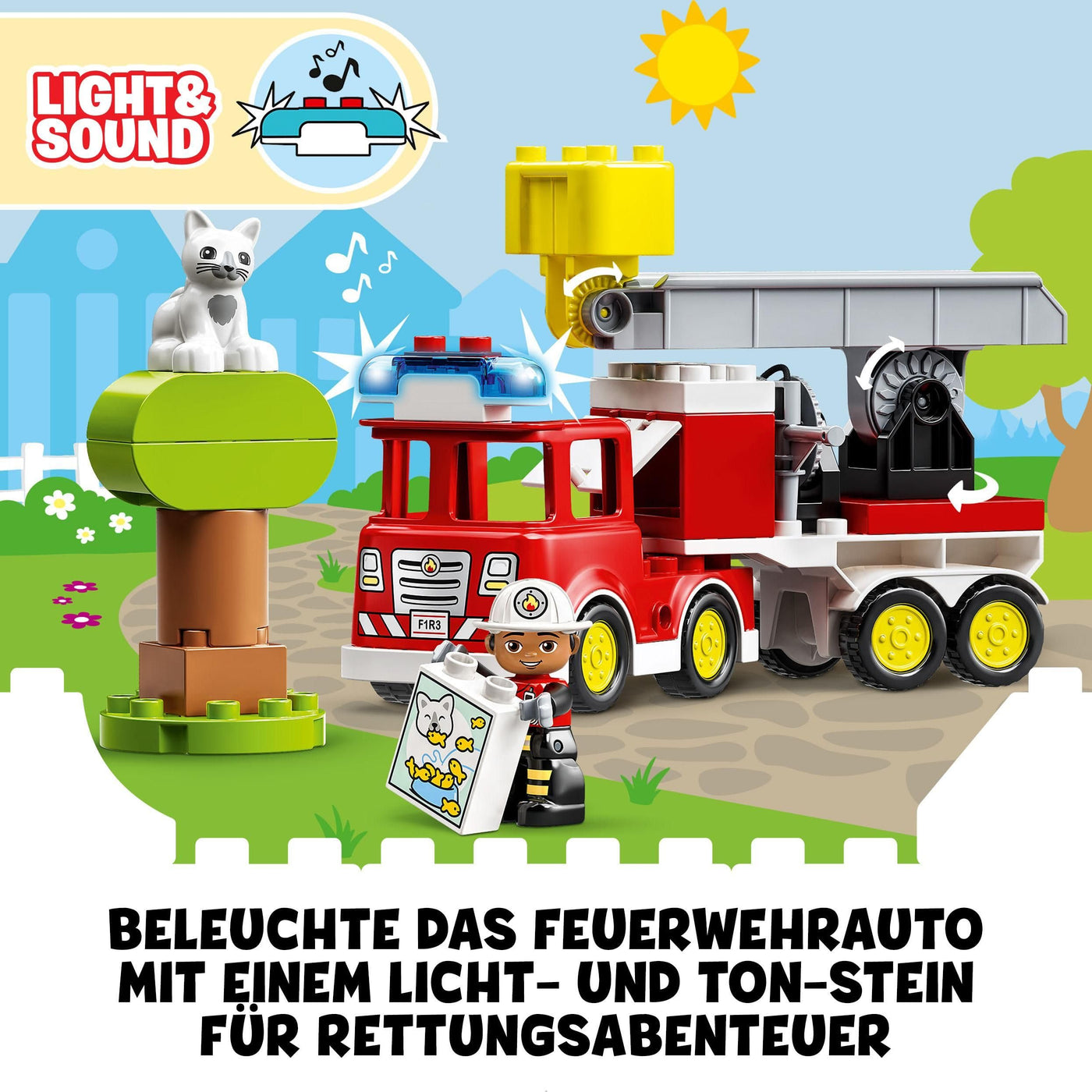 LEGO DUPLO Feuerwehrauto - Minifiguren für Vorschulkinder ab 2 Jahren - Montessori Spielzeug für Kleinkinder mit LKW, Feuerwehrmann, Katze und Baum - Kinder Geschenk für Mädchen und Jungen 10969