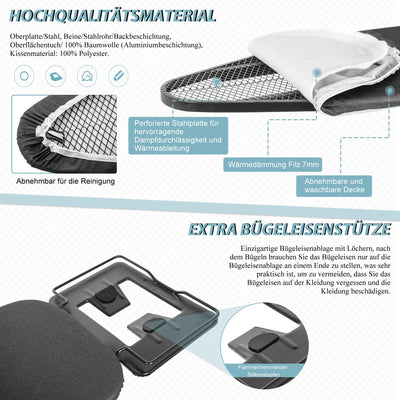 IBVIVIC Bügelbrett Comfortboard, Bügelfläche 122 x 38 cm, höhenverstellbar, platzsparend klappbar, Für meisten Dampfbügelstationen geeignet ist, Schwarz