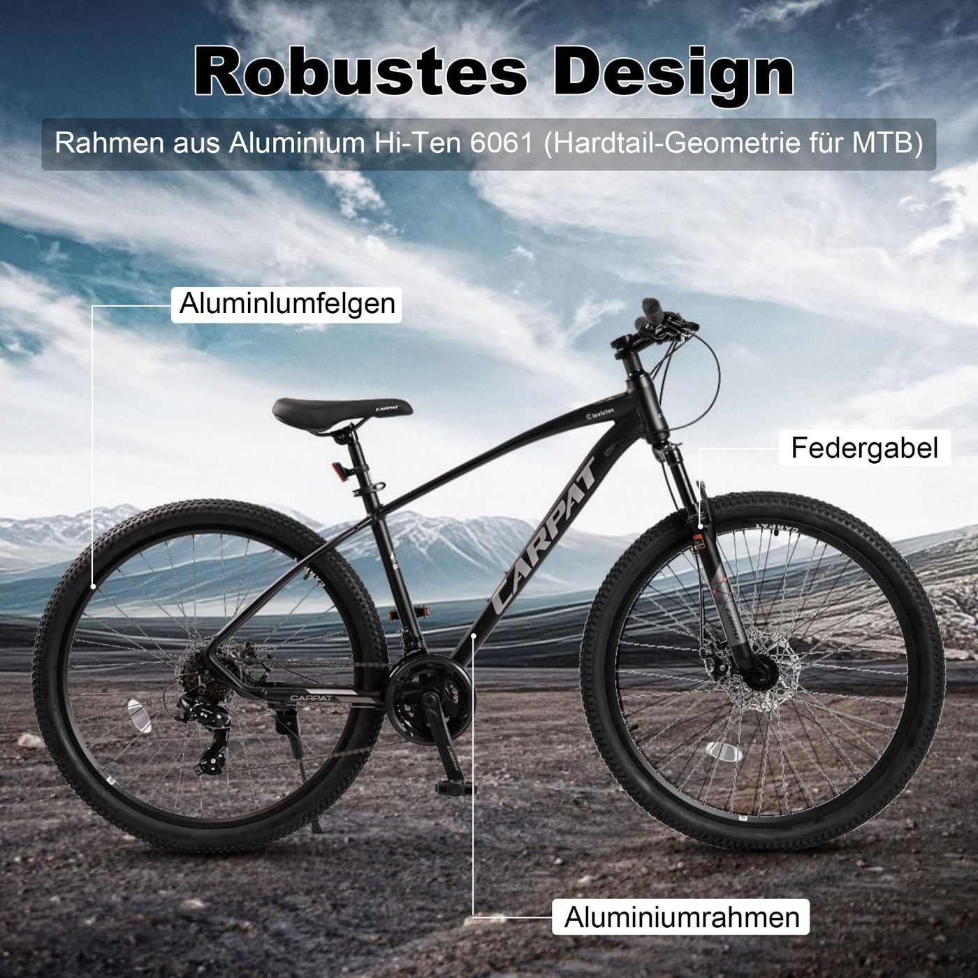 CARPAT SPORT Mountainbike 27,5 Zoll MTB Fahrrad für Herren Damen 21 Gang TZ Tourney Schaltwerk, Kettenschaltung, (Aluminium Rahmen, Mechanische Scheibenbremse), Hardtail Fahrrad