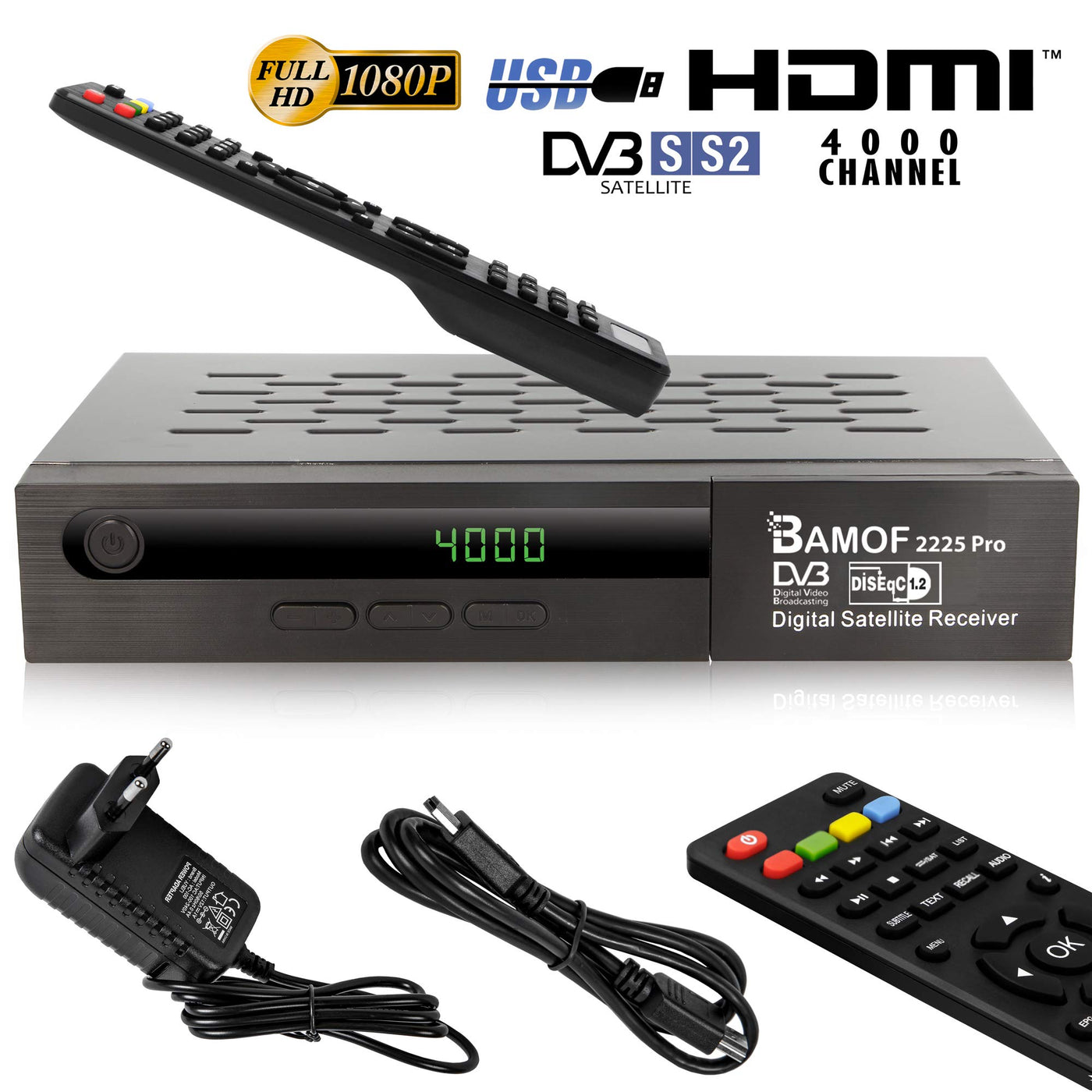 Bamof 2225 PRO Sat Receiver Digitaler Satelliten Receiver- (HDTV, DVB-S/DVB-S2, HDMI, SCART, 2X USB, Full HD 1080p) [Vorprogrammiert für Astra, Hotbird und Türksat] + HDMI Kabel