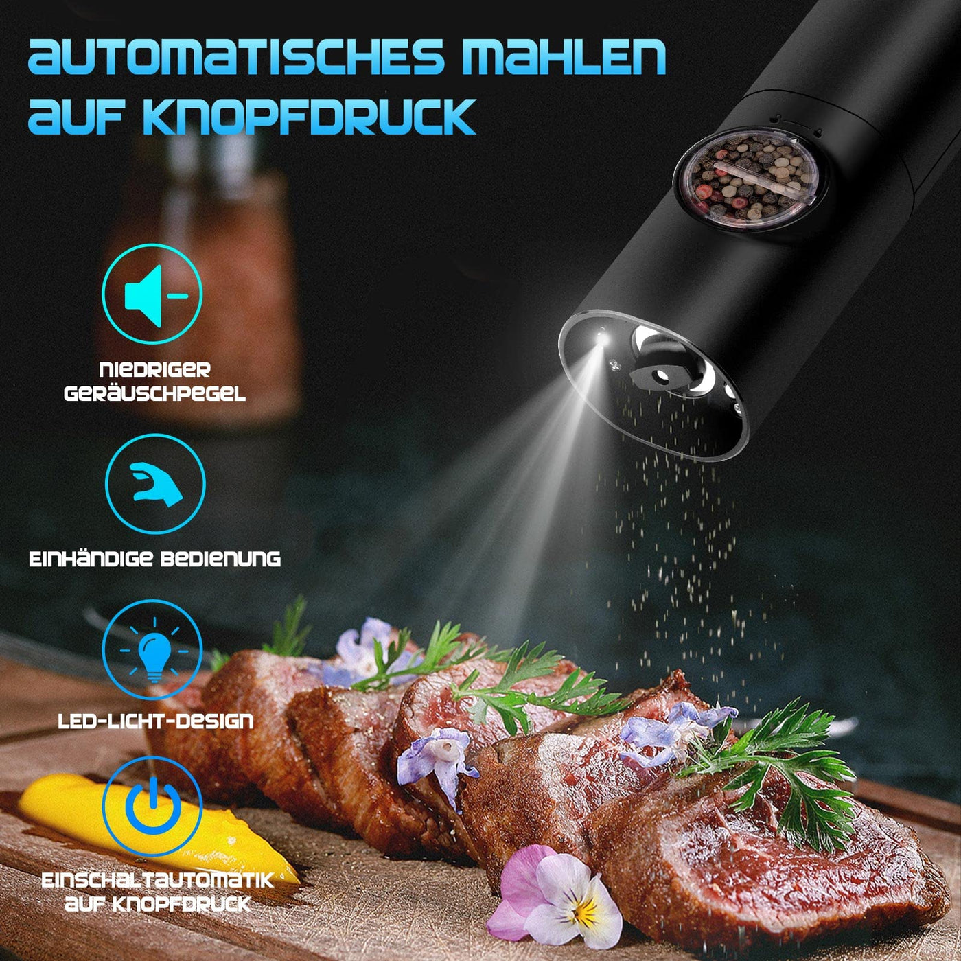 MILFECH Salz und Pfeffermühlen Elektrische 2er Set mit Wiederaufladbarer Basis, Einstellbarer Grobheit Gewürzmühle, Automatisches Mahlen, LED-Licht mit Reinigungsbürste für BBQ Restaurant Küche