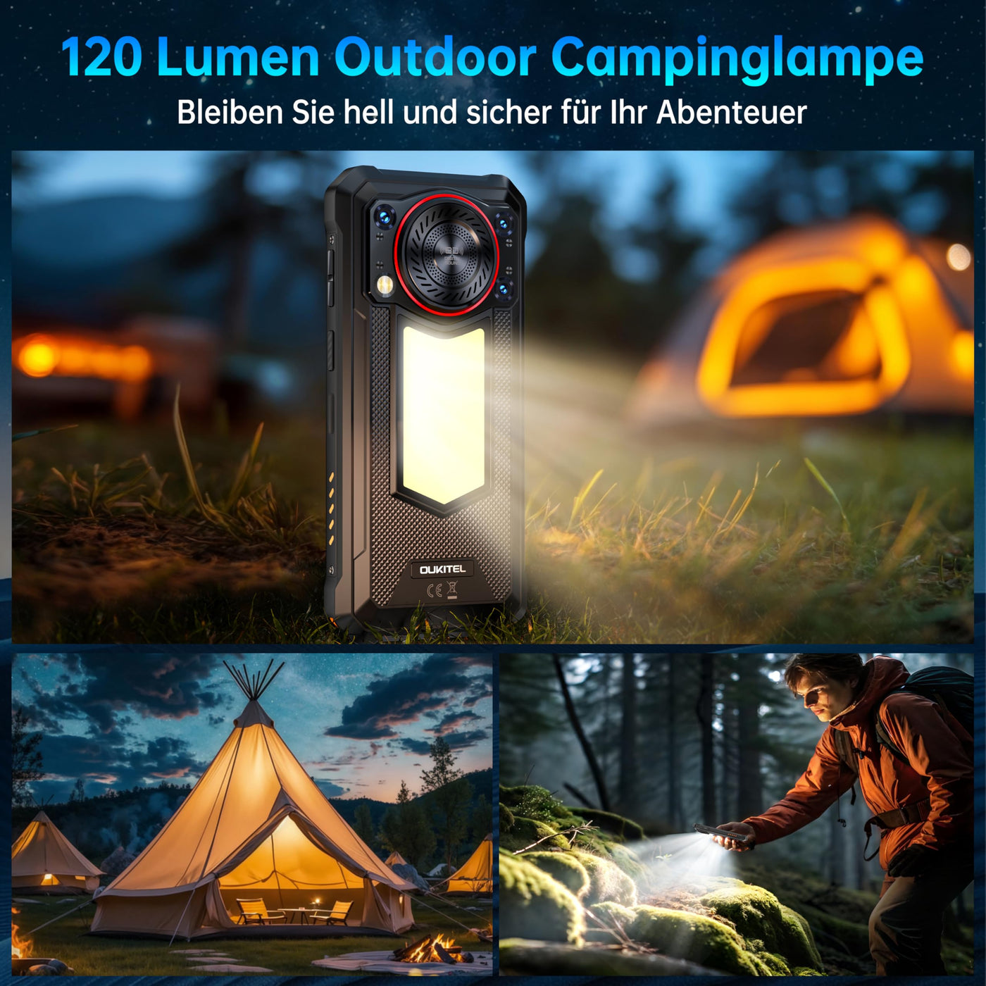 OUKITEL WP53 Pro Outdoor Handy Android 15-11000mAh Outdoor Smartphone Ohne Vertrag 24GB + 256GB, 6.52” Display 128dB Lautsprecher Baustellenhandy mit 900 Lumen Campinglampe, NFC/GPS/Face ID, Schwarz