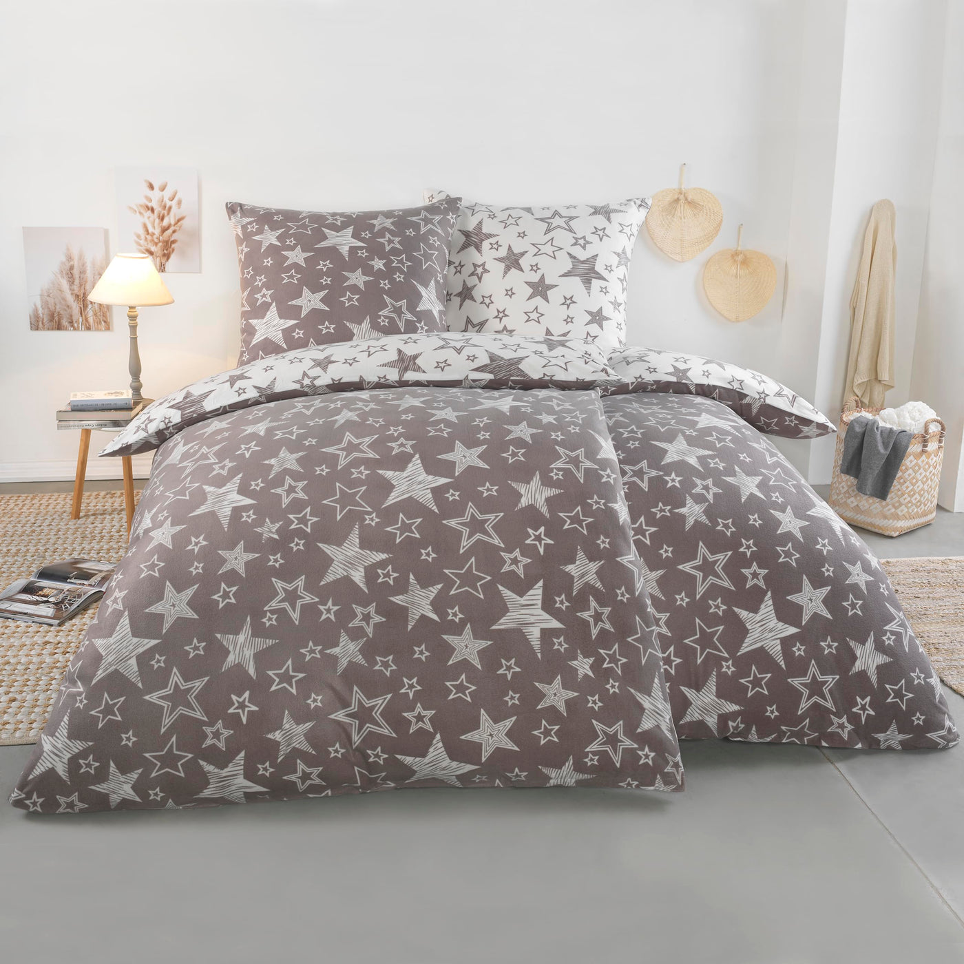 BaSaTex 135x200 Microfaser Flausch Bettwäsche Sterne grau Weiss Taupe Fleece Thermofleece 4tlg.Set
