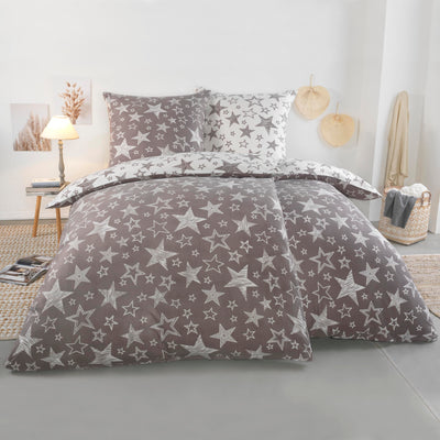 BaSaTex 135x200 Microfaser Flausch Bettwäsche Sterne grau Weiss Taupe Fleece Thermofleece 4tlg.Set