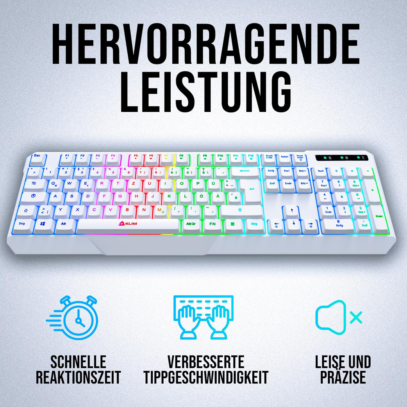 KLIM Chroma Wireless Gaming Tastatur Kabellos QWERTZ DEUTSCH - NEU 2024 - Langlebig, Ergonomisch, Wasserdicht, Leise - RGB Kabellose Tastatur Gaming für PC PS4 PS5 Mac - Weiß