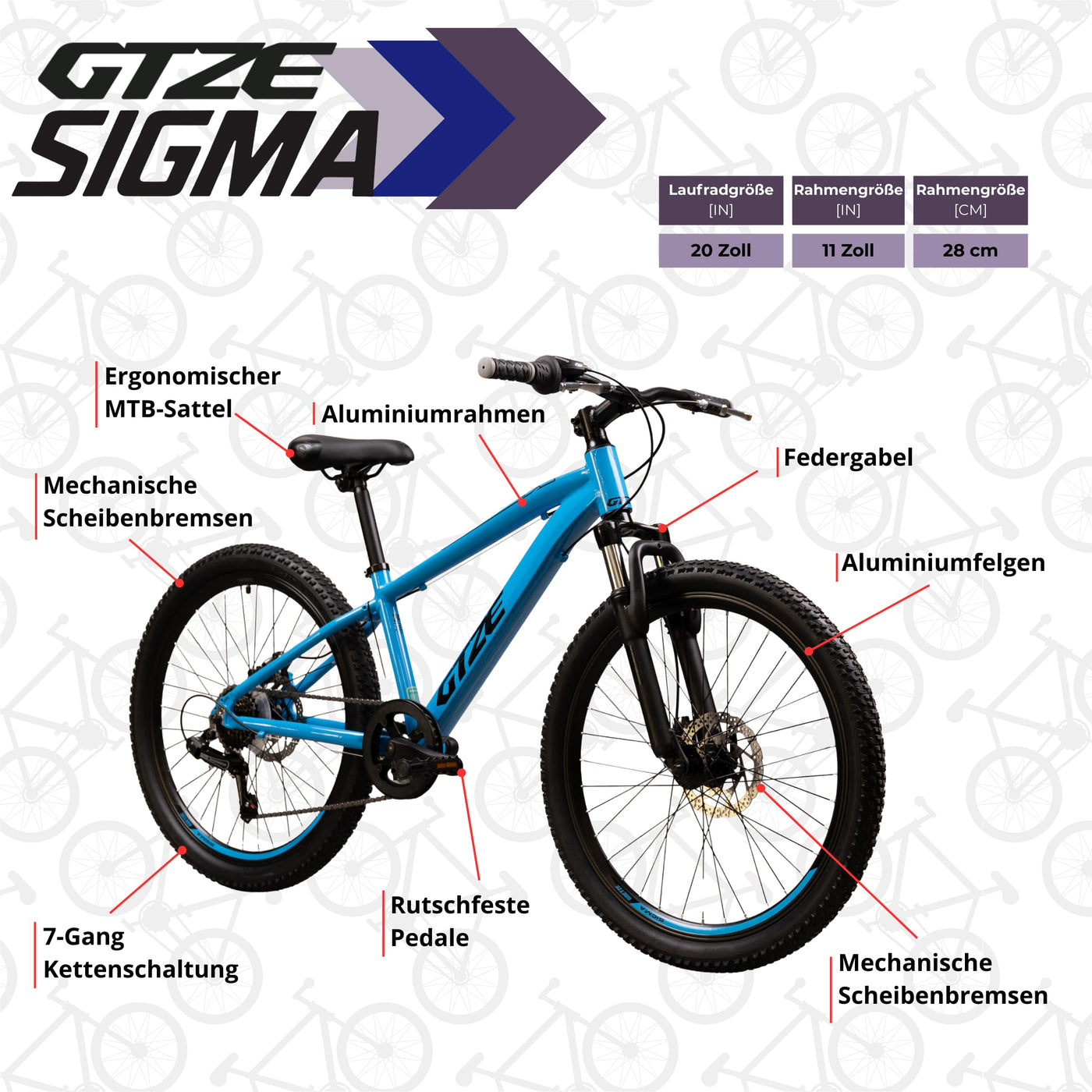 Goetze Sigma 20 x 2.10 Zoll Kinderfahrrad | MTB Hardtail | 6-Gang Kettenschaltung mit Drehgriff | Mechanische Scheibenbremsen | Aluminiumrahmen 11" | Federgabel | ab 115 cm Körpergröße