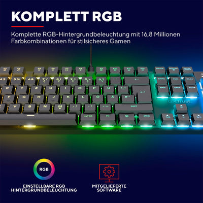 Trust Gaming GXT 866 Torix Mechanische Tastatur Deutsches QWERTZ Layout, Huano-Switches, Flache Tasten, RGB Beleuchtung, Anti-Ghosting N-Key Rollover USB Programmierbare Gaming Tastatur PC Laptop