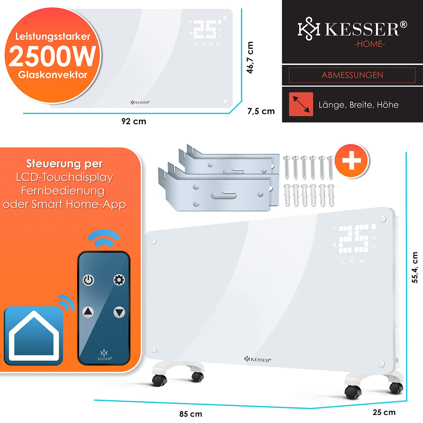 KESSER® Glaskonvektor Glasheizung Elektroheizkörper APP WiFi Funktion Inkl. Fernbedienung Elektroheizung Stand- oder Wand Heizung Heizkörper | Touchscreen | LCD-Display | Timer | 2500 Watt | Weiß
