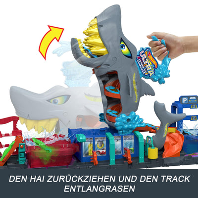 Hot Wheels Let's Race Netflix -City Spielzeugauto-Trackset, Ultimative Hai-Autowaschanlage mit Spielzeugauto im Maßstab 1:64, Farbwechselfunktion, wiederholbarer Farbwechsel-Effekt, Aufbewahrung,HTN82