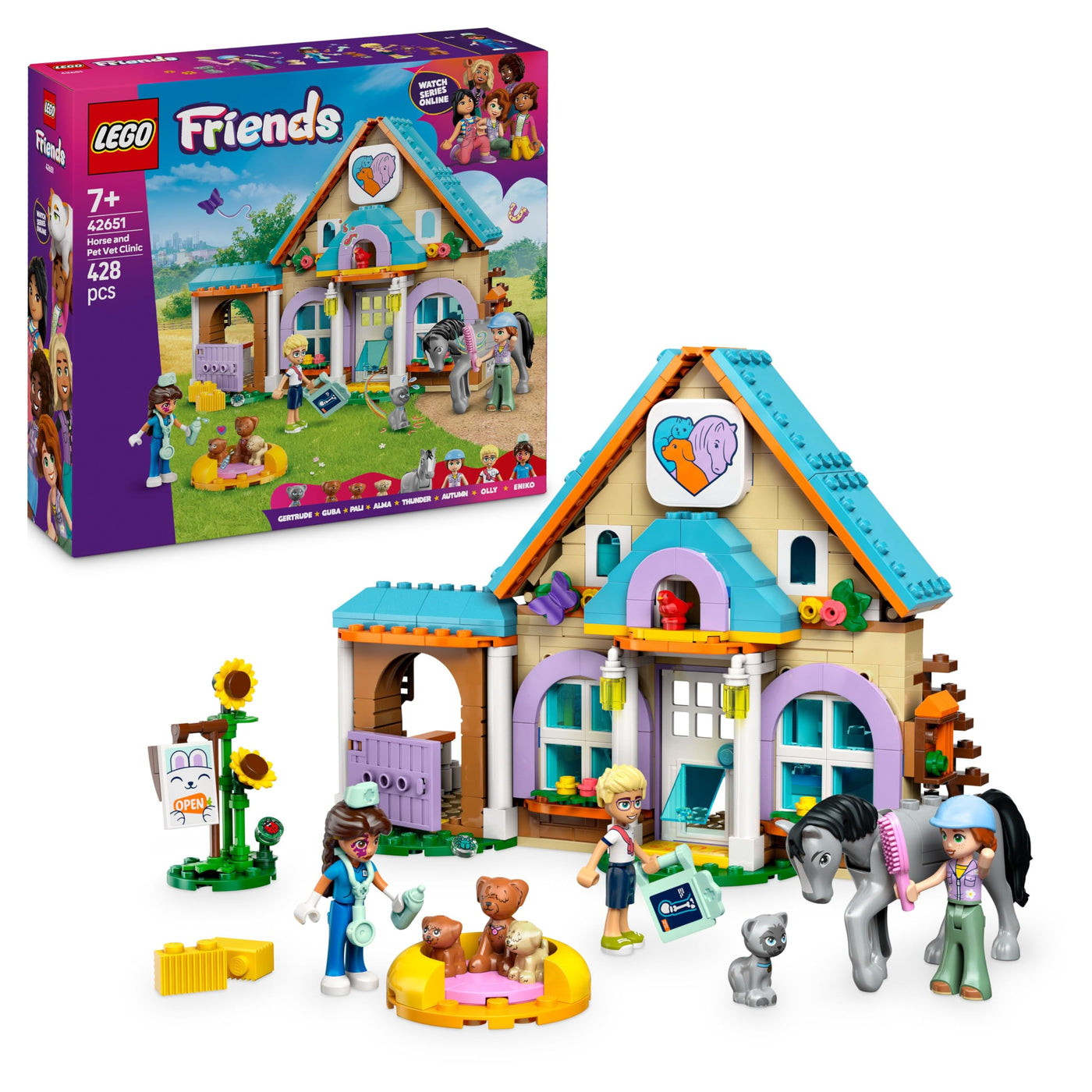 LEGO Friends Tierarztpraxis für Pferde und Haustiere - Pferdespielzeug für Mädchen und Jungen mit 3 Figuren und 5 Tierfiguren - Kreatives Spielset - Geschenk für Kinder ab 7 Jahren 42651