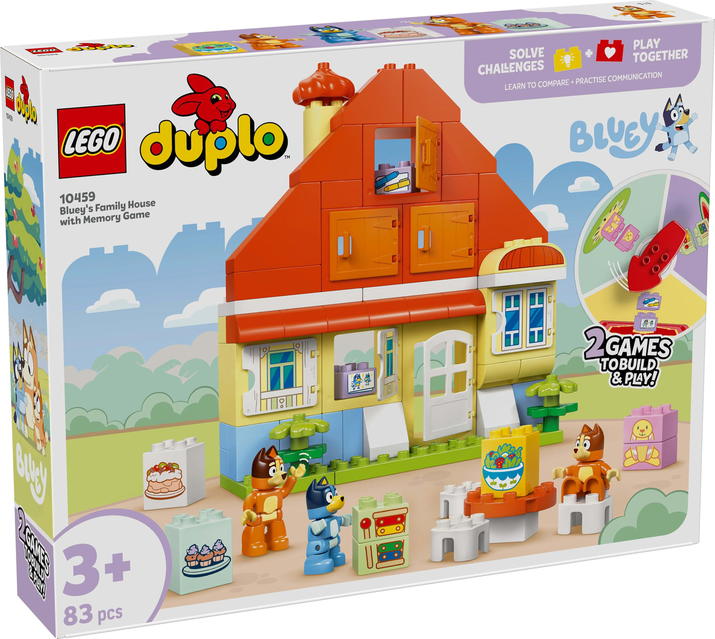 LEGO DUPLO Bluey: Blueys Familienhaus mit Memory-Spiel - Lernspielzeug für Kleinkinder - Inkl. 3 Minifiguren, aufklappbare Fenster und Brettspiel - Geschenk für Jungen & Mädchen ab 3 Jahren - 10459