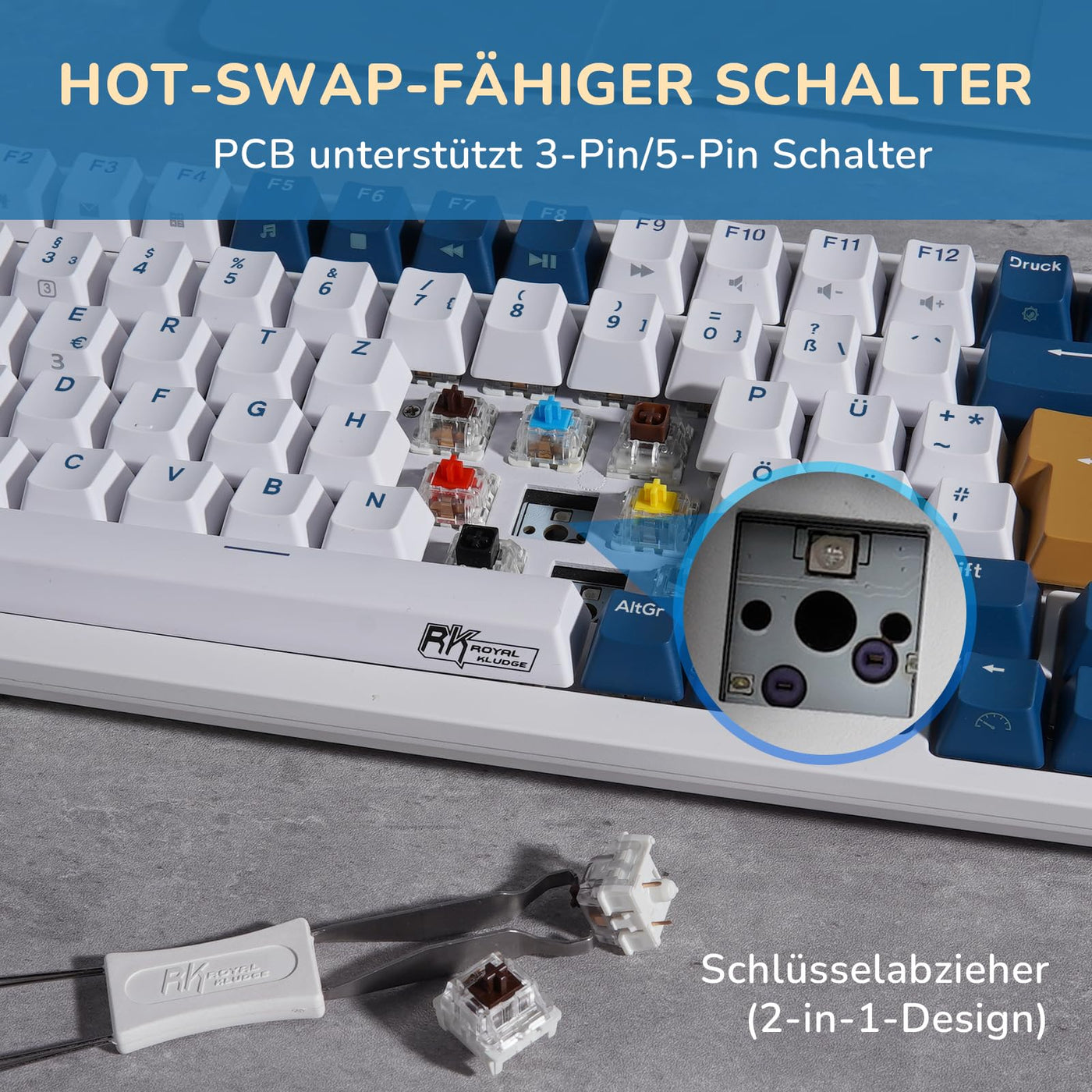 RK ROYAL KLUDGE RK98 Mechanische Tastatur Kabellose Gaming Tastatur 2.4G/Bluetooth 5.1/USB-C RGB Hinterleuchtet Deutsches Layout QWERTZ 100 Tasten Hot Swappable Braune Schalter, Weiß