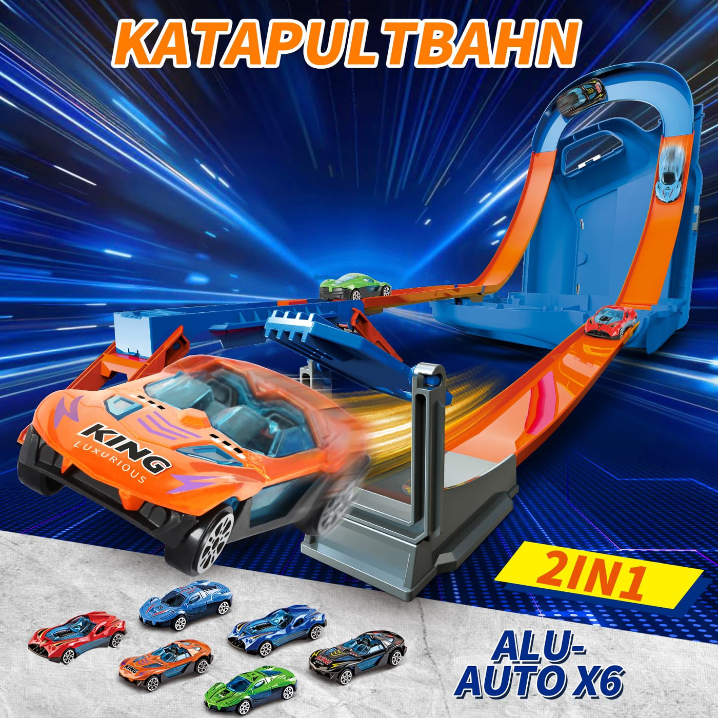 Charmofun Autorennbahn für Kinder, Rennstrecke Auto Spielzeug mit 6 Autos, Aufbewahrungsbox, Auto Rennbahn Mit Looping und U Track, Portable Spielzeug autorennbahn für Kinder ab 3 Jahre (Blau)