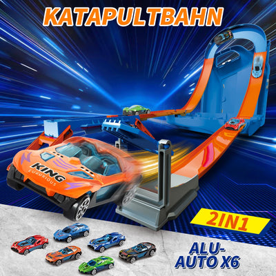 Charmofun Autorennbahn für Kinder, Rennstrecke Auto Spielzeug mit 6 Autos, Aufbewahrungsbox, Auto Rennbahn Mit Looping und U Track, Portable Spielzeug autorennbahn für Kinder ab 3 Jahre (Blau)