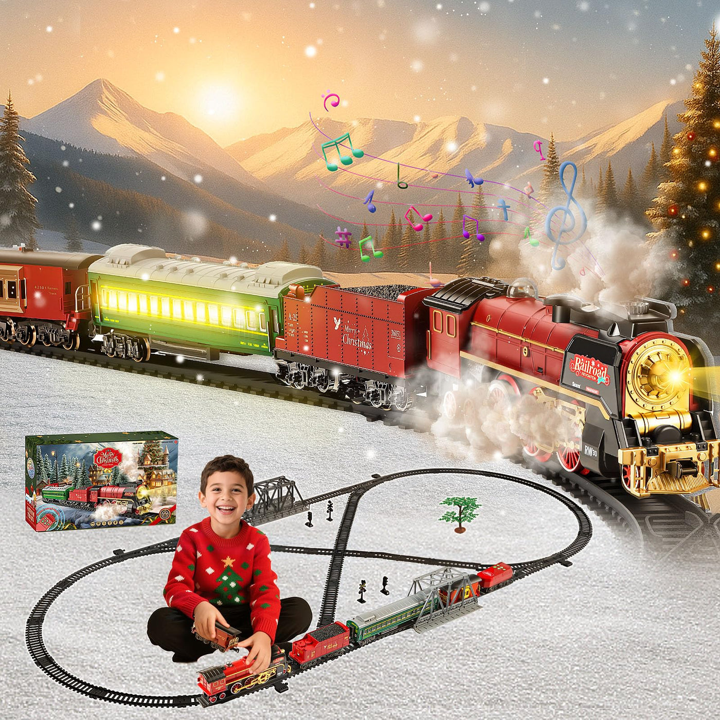 JONRRYIN Elektrische Zug Spielzeug, Eisenbahn Weihnachtsbaum Elektrisch, Weihnachtszug mit Schienen, Dampf, Licht & Sound, Dampfzug den Tannenbaum Geschenk für Kinder