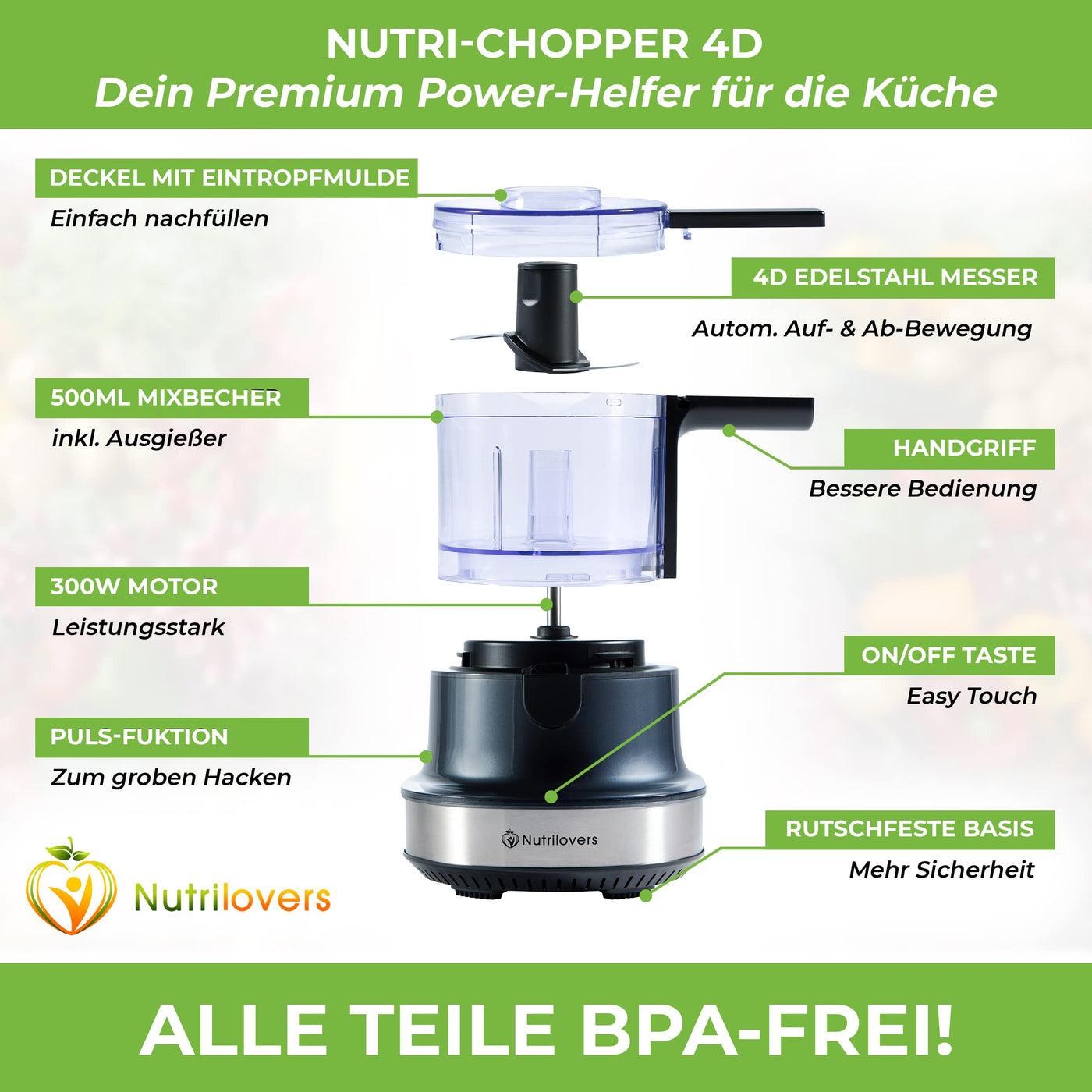 NUTRI-CHOPPER 4D Zerkleinerer Küche elektrisch mit AUTO-BLADE Funktion – BPA-frei – Deutsche Marke – Food Processor Universalzerkleiner Multizerkleinerer Zwiebel Fleisch Nüsse Pesto