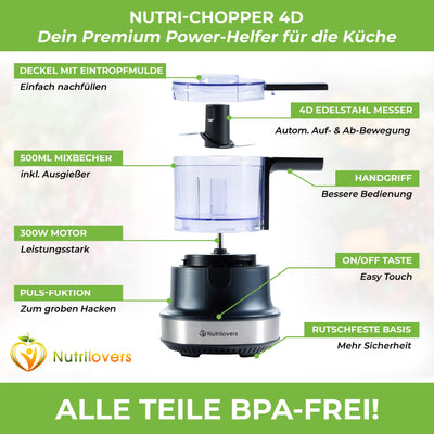 NUTRI-CHOPPER 4D Zerkleinerer Küche elektrisch mit AUTO-BLADE Funktion – BPA-frei – Deutsche Marke – Food Processor Universalzerkleiner Multizerkleinerer Zwiebel Fleisch Nüsse Pesto