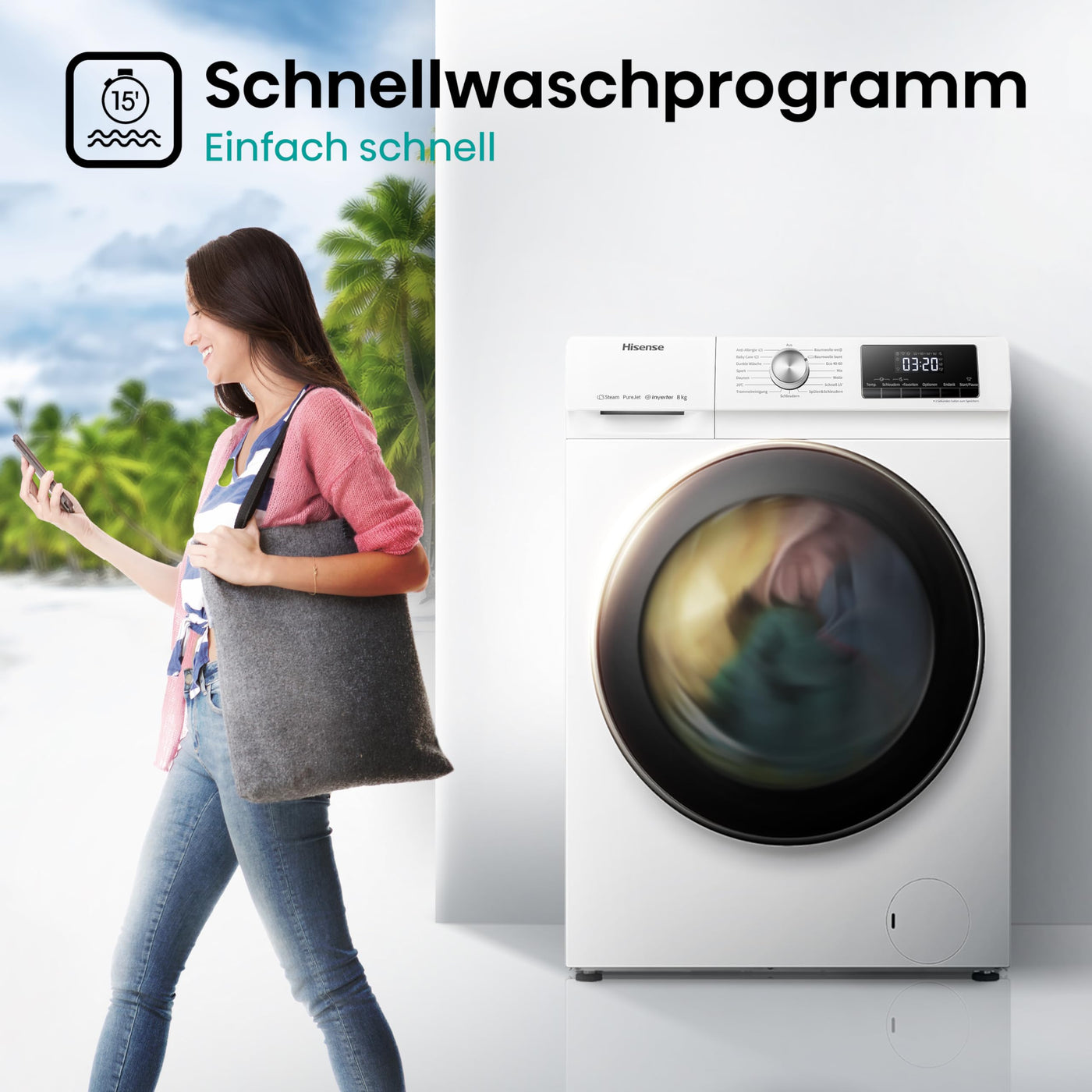 Hisense WFQA8014EVJM Waschmaschine mit Dampffunktion/ 8 kg/AquaStop/ 1400 U/min /15 Programme/Inverter PowerDrive Motor/Edelstahltrommel/Kindersicherung/Trommelreinigung/Weiß