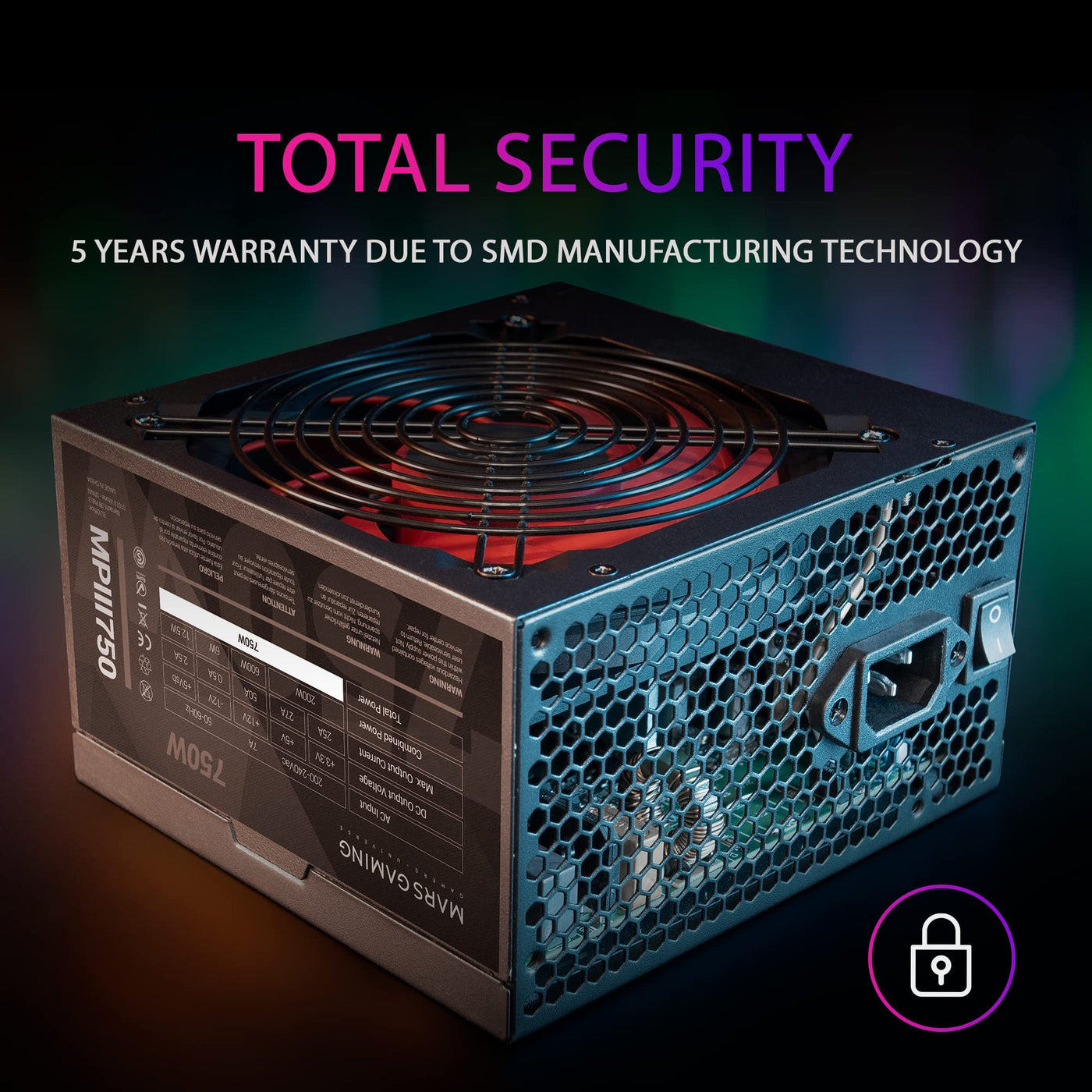 Mars Gaming MPIII750, PC ATX 750W Netzteil, 5 Jahre Garantie, Silent AI-RPM Technologie, 85% Wirkungsgrad, Schwarz