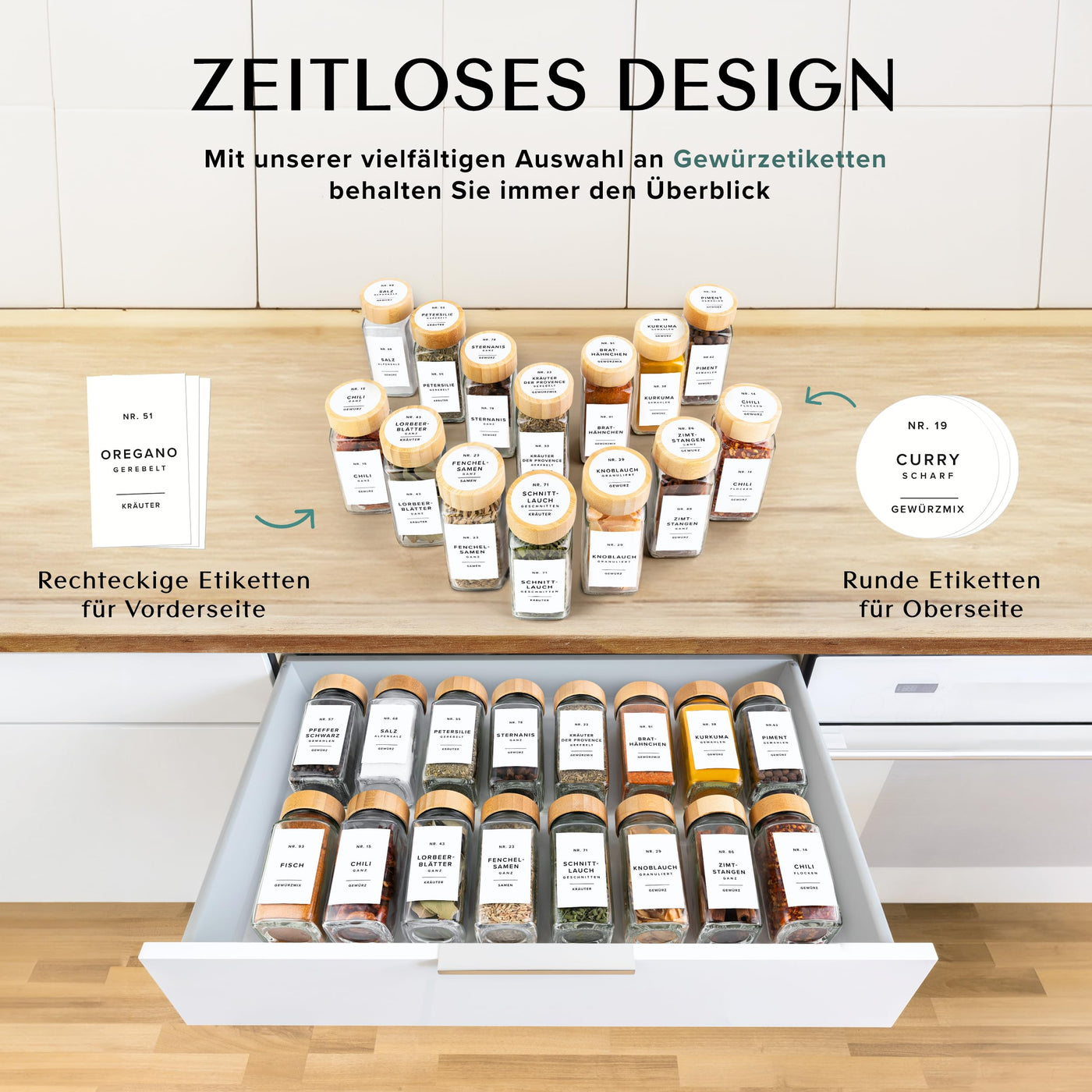 EDELHAUS Gewürzgläser Eckig Set mit Holzdeckel (24 x 120ml) Gewürzstreuer mit Streueinsatz und 240 Etiketten Weiß - Bambusdeckel Gewürzbehälter, Gewürzdosen, Gewürze organizer [10,7cm x 4,5cm]