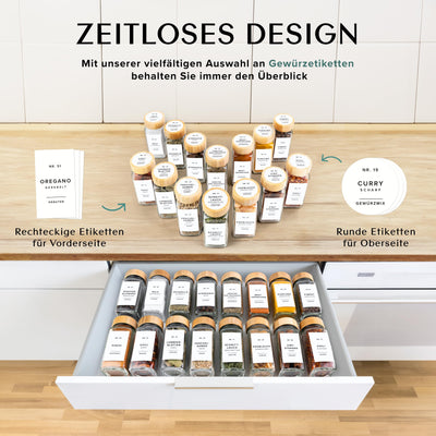 EDELHAUS Gewürzgläser Eckig Set mit Holzdeckel (24 x 120ml) Gewürzstreuer mit Streueinsatz und 240 Etiketten Weiß - Bambusdeckel Gewürzbehälter, Gewürzdosen, Gewürze organizer [10,7cm x 4,5cm]