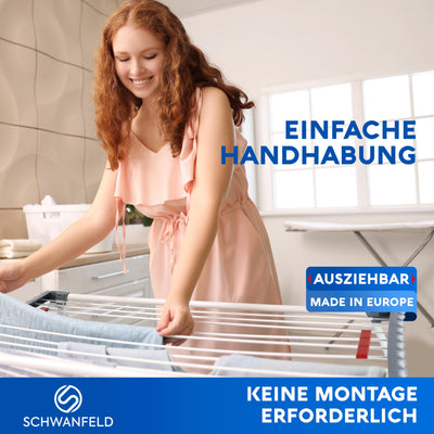 SCHWANFELD® Wäscheständer ausziehbar [20M TROCKENLÄNGE] - Wäscheständer hoch - Premium Wäschetrockner Ständer - Faltbarer Wäscheständer XXL - ausziehbarer Wäscheständer - Standtrockner rutschfest