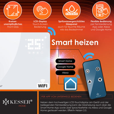 KESSER® Glaskonvektor Glasheizung Elektroheizkörper APP WiFi Funktion Inkl. Fernbedienung Elektroheizung Stand- oder Wand Heizung Heizkörper | Touchscreen | LCD-Display | Timer | 2500 Watt | Weiß