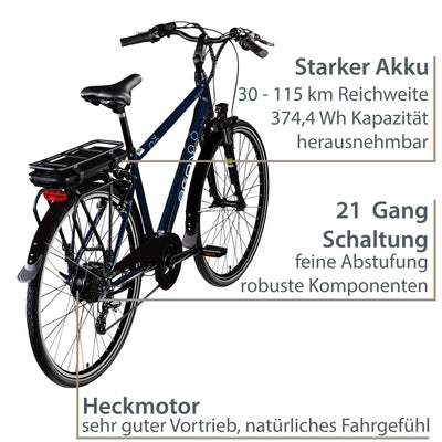 AGON Avesa E Bike Trekkingbike Herren oder Damen 28 Zoll 155-185 cm Pedelec Elektrofahrrad mit Ananda Motor 25 km/h (dunkelblau, 48 cm)