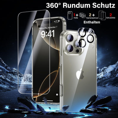 UniqueMe für iPhone 16 Pro Hülle - Handyhülle für iPhone 16 Pro Case, 5 in 1 Set Rundumschutz Schutzhülle Cover,1 Handyhülle & 2 Schutzfolie & 2 Kameraschutz - Transparent