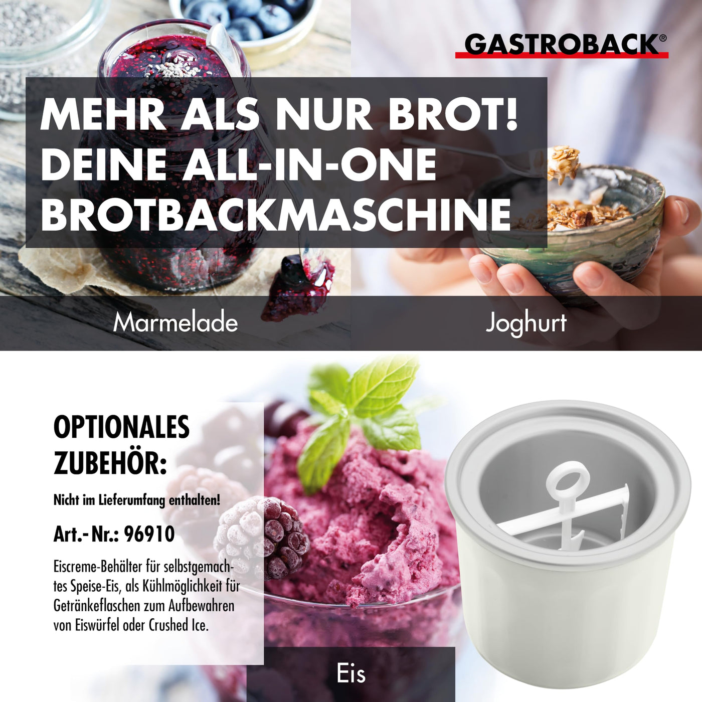 GASTROBACK Brotbackautomat Advance - Vollautomatische Brotbackmaschine + 18 Programmen inkl. Joghurtmaschine, Timer-Funktion, Zutatenfach, Sichtfenster, Brotautomat / Backmaschine in Edelstahl Optik