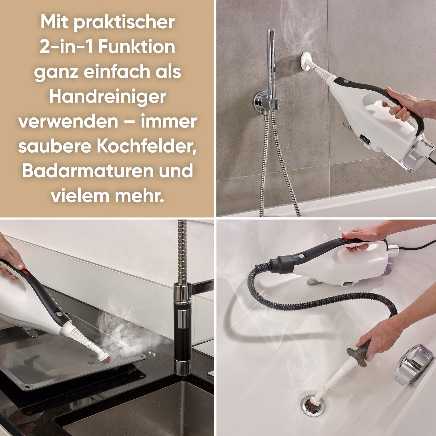 SEVERIN 2-in-1 Dampfreiniger mit Mehrzweck-Funktion & praktischem Kombi-Zubehör, für alle Hartböden und Teppiche, entfernt 99,9% Bakterien, nur 15 Sekunden Aufheizzeit, 9m Kabel, weiß/schwarz, SC 7145