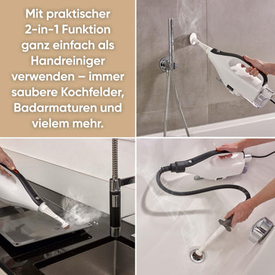 SEVERIN 2-in-1 Dampfreiniger mit Mehrzweck-Funktion & praktischem Kombi-Zubehör, für alle Hartböden und Teppiche, entfernt 99,9% Bakterien, nur 15 Sekunden Aufheizzeit, 9m Kabel, weiß/schwarz, SC 7145