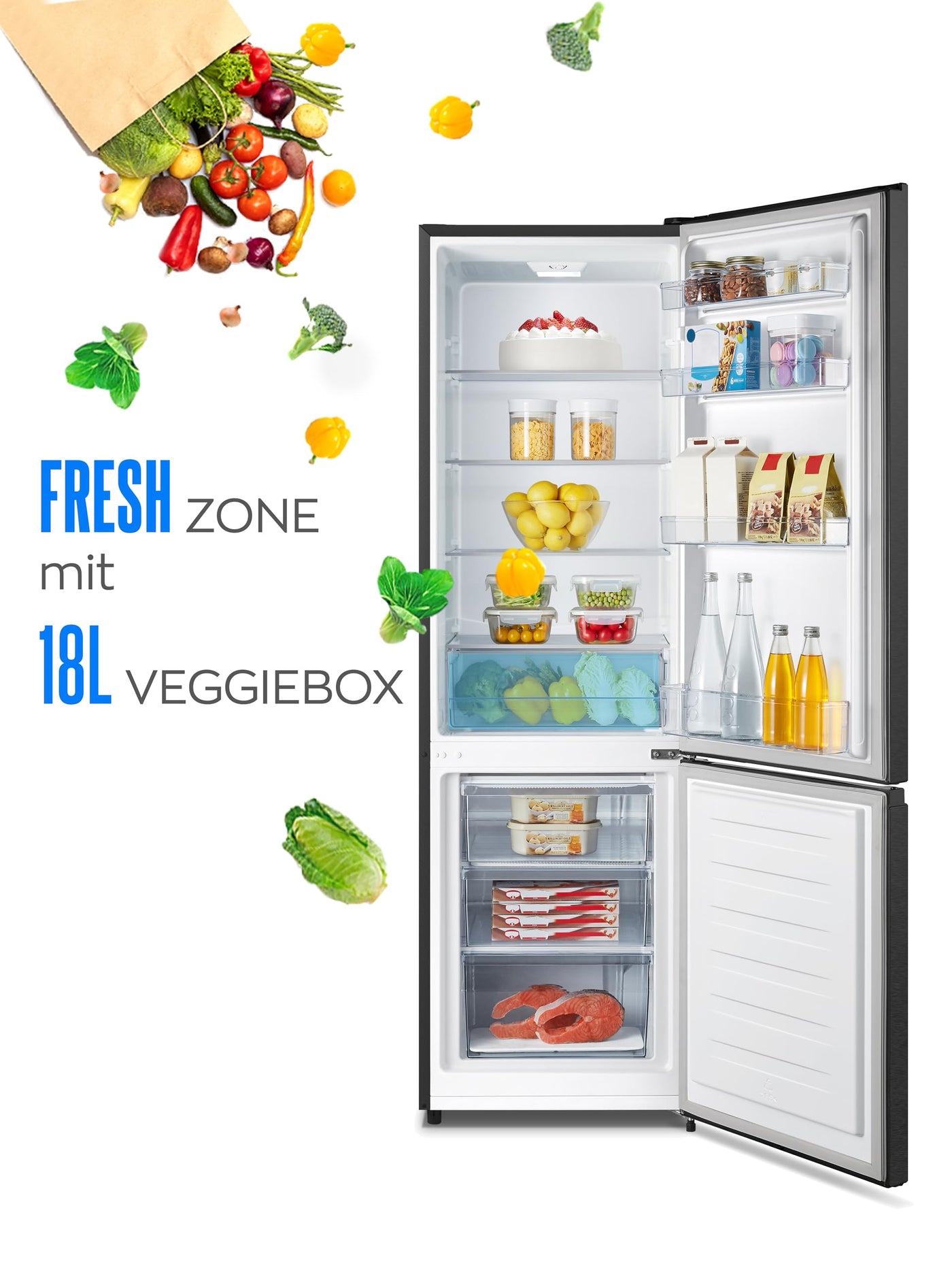 Heinrich´s Kühlgefrierkombination 269 Liter, Kühlvolumen 198L, Gefrierfach 71L,LED Beleuchtung,Kühlschrank Türanschlag wechselbar, leise 39dB,große Tiefkühlboxen, 7 Temperaturstufen, (schwarz-inox)