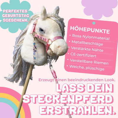 Panduro Hobby Horse Halfter Set, Wolldecke - Nylon Halfter für Pferde mit Metallschnallen - Leine für Hobby Horse Zubehör, Rosa