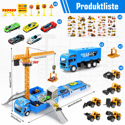 Charmofun LKW Kran mit Doppelter Auswurfschiene, Baustellenfahrzeuge Kinder Spielzeugset – Bagger, Bulldozer, Straßenwalze, Gabelstapler, Drehbarem Kran – Konstruktionsfahrzeuge Geschenk Ab 3 Jahren