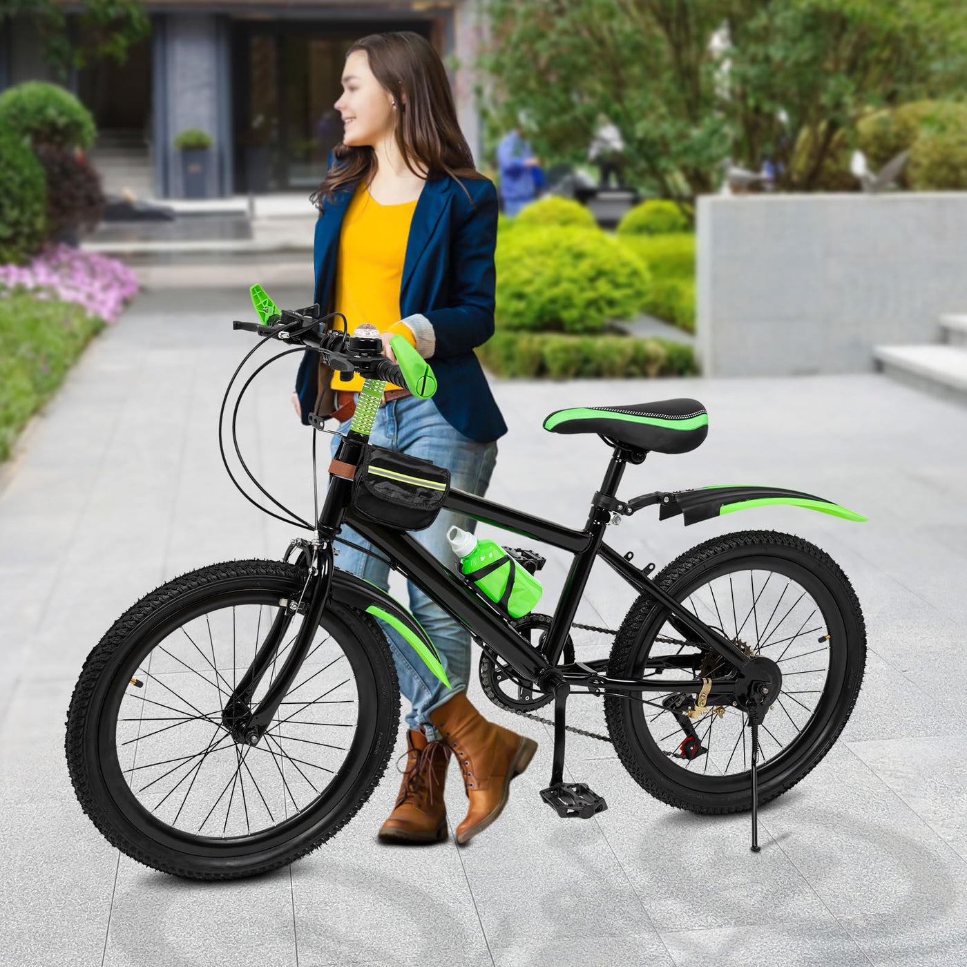 20 Inch Mountainbike Kinderfahrrad Hochpräzises Schwungrad Fahrrad Doppelbremssystem Tragfähigkeit 85kg Jugendfahrrad mit Wasserbecher-Halter, Premium Mountainbike für Outdoor-Radfahren (Grün)