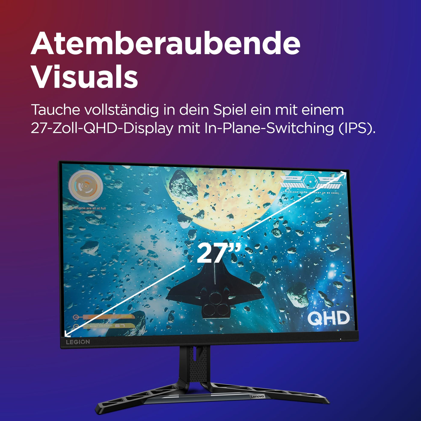 Lenovo Legion R27qe | 27" QHD Gaming Monitor | 2560x1440 | 180Hz | 450 nits | 0,5ms Reaktionszeit | HDMI | DisplayPort | AMD FreeSync | schwarz