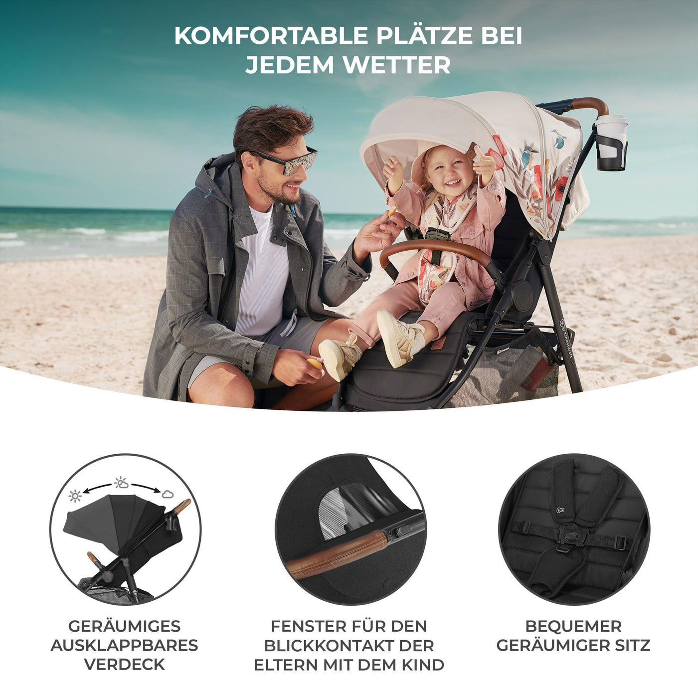 Kinderkraft GRANDE PLUS Kinderkraft buggy von Geburt bis 22 kg, Zusammenklappen mit einer Hand, Liegeposition, großes Verdeck mit Fenster, alle 4 Räder gedämpft, geräumige Sitz, Schwarz