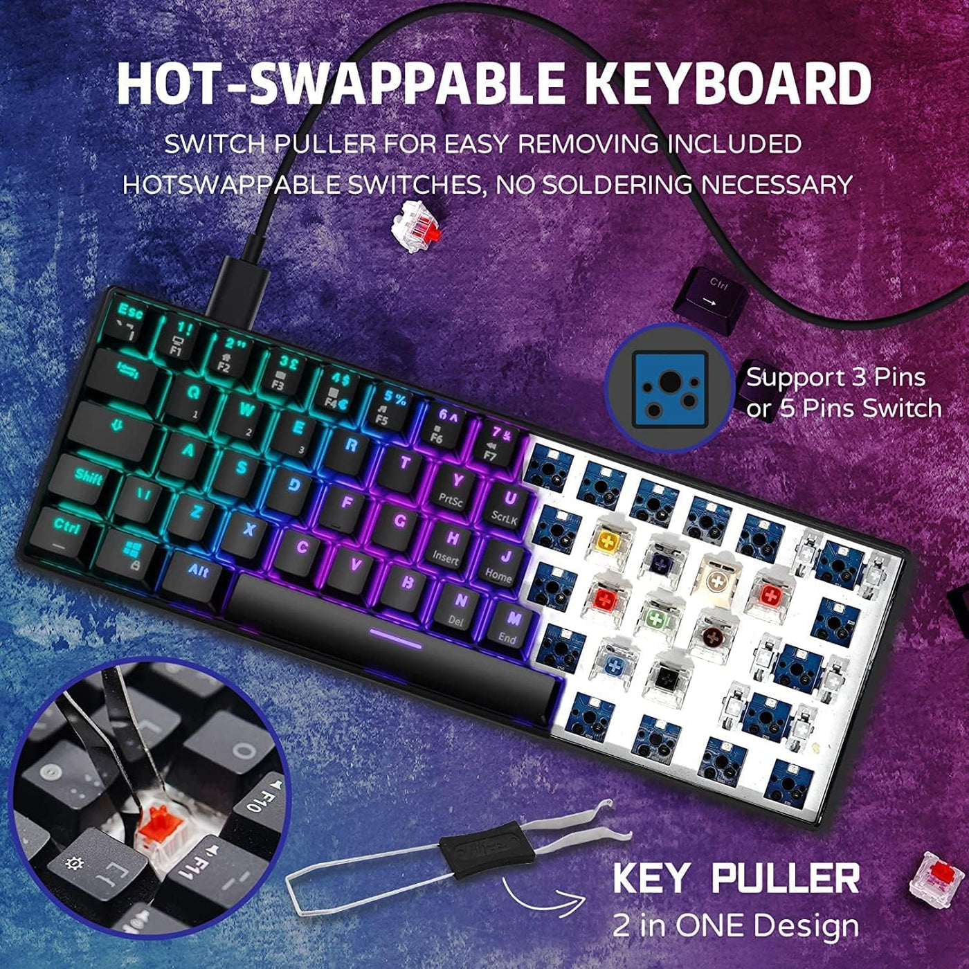 RK ROYAL KLUDGE RK61 Mechanische Tastatur 2,4 GHz Kabellose/Bluetooth/Verkabelte 60% Gaming Tastatur RGB-Beleuchtung Hot-Swap-fähiger Blauer Schalter, Kompatibel für Win/Mac, Schwarz (QWERTZ)